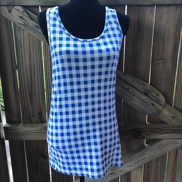 Time & Tru Blue & White Checkered Ribbed Tank Top - Picture 1 of 3